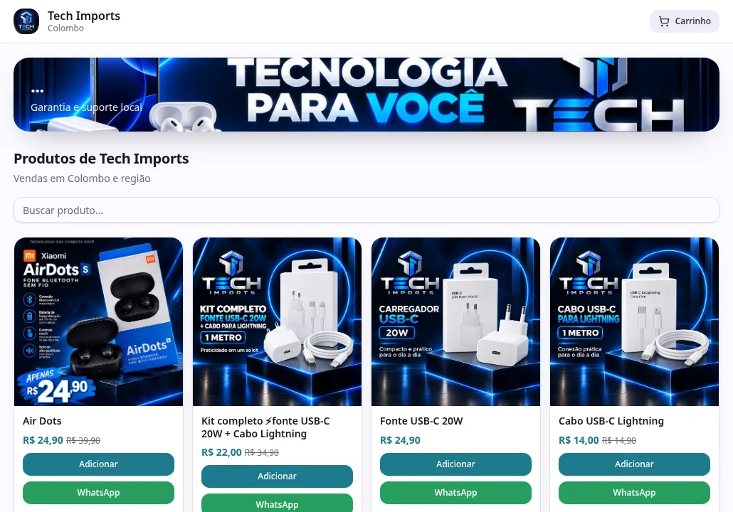 Prévia real da Tech Imports, com catálogo e carrinho